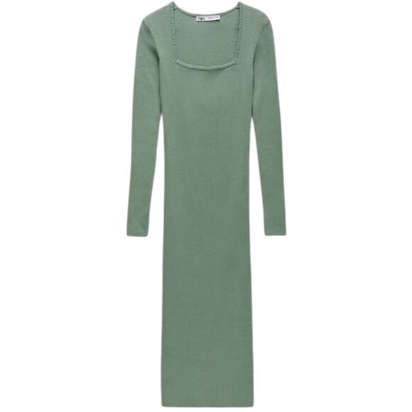 zara midi dress rib knit long sleeve square neck green size S - Picture 4 of 6